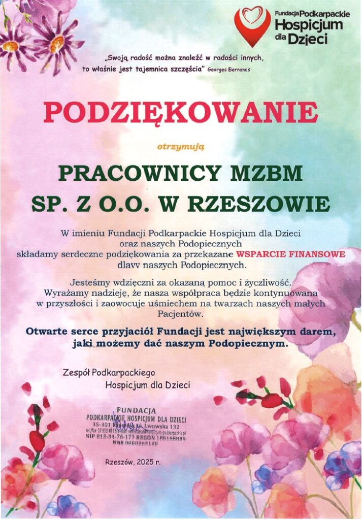 Hospicjum dla Dzieci Podziękowanie